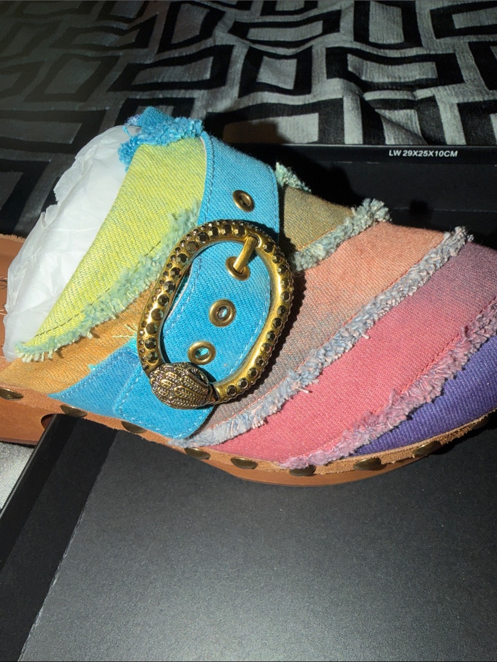 Kurt Geiger Rainbow Striped Denim Buckle Clogs - Picture 2 of 11